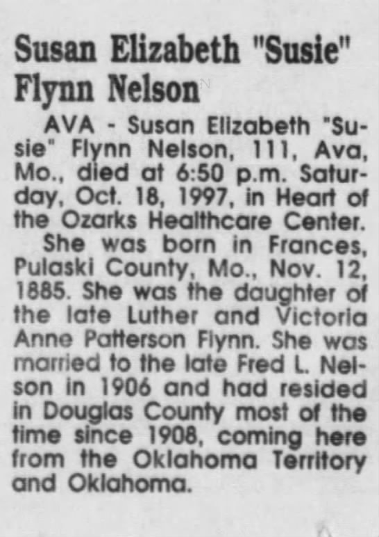 Obituary for Susan Elizabeth Flynn Nelson, 1885-1997 (Aged 111) - 
