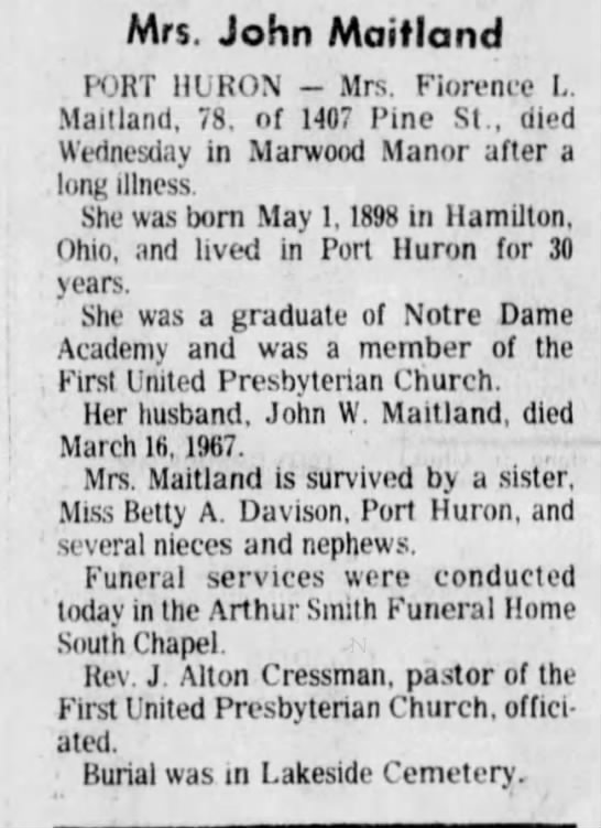 Obituary: Florence L. Maitland (Aged 78) - 
