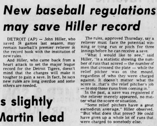 New baseball regulations may save Hiller record - 