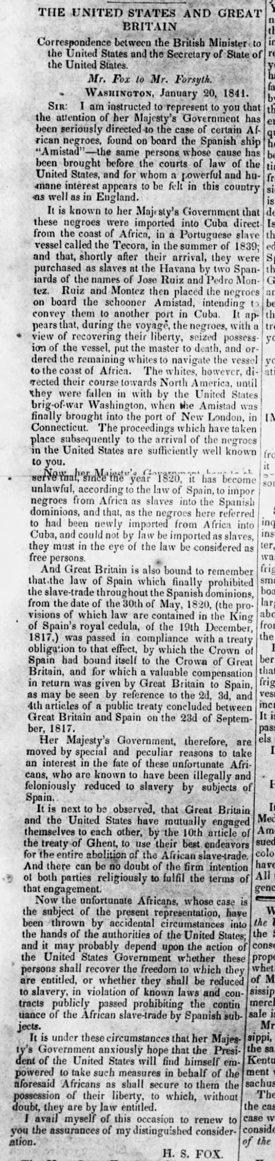 Letter showing the British government's position on the Amistad case - 