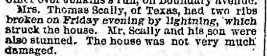 Mrs Thomas Scally broken ribs due to lightning 1879 - 