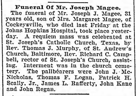 Magee funeral, Patrick H Scally pallbearer 1902 - 