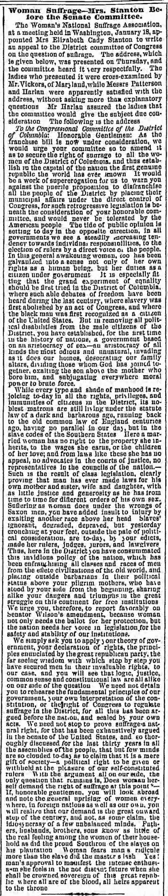 Elizabeth Cady Stanton addresses the Congressional Committee of the District of Columbia in 1869. - 