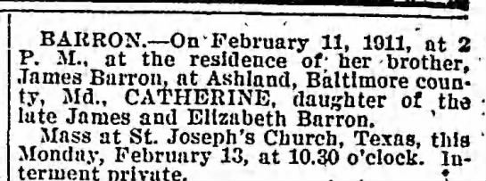 Catherine Barron died 11 Feb 1911 - 