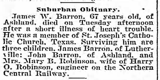 James W Barron 67 years died 13 Apr 1915 - 
