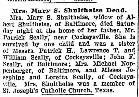 Mary Scally Shultheise died 6 Oct 1906 - 