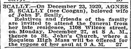 Agnes Coogan Scally died 23 Dec 1920 - 