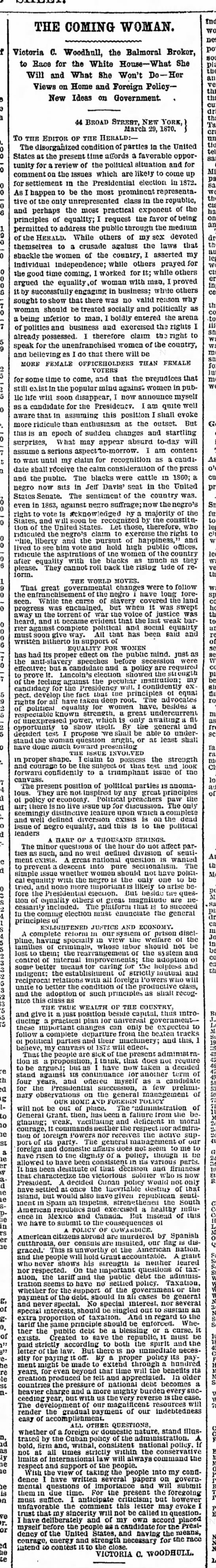 Victoria Woodhull announces her candidacy on Apr. 2, 1870 in the New York Herald - 