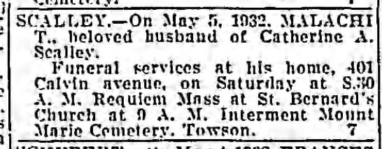 Malachi T Scalley died 5 May 1932 - 