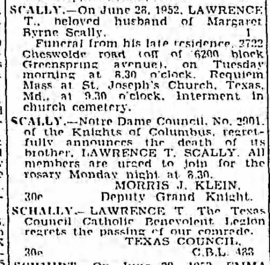 Lawrence T. Scally died 28 Jun 1952 - 