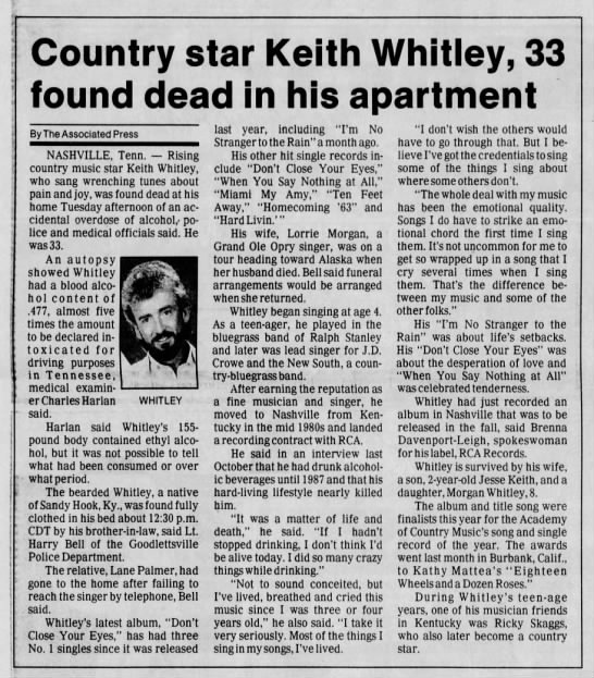 Keith Whitley - News-Press (Fort Myers, Florida), 10 May 1989, Wed. PG 34 - 