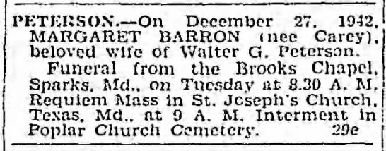 Margaret Barron Carey Peterson died 27 Dec 1942 - 