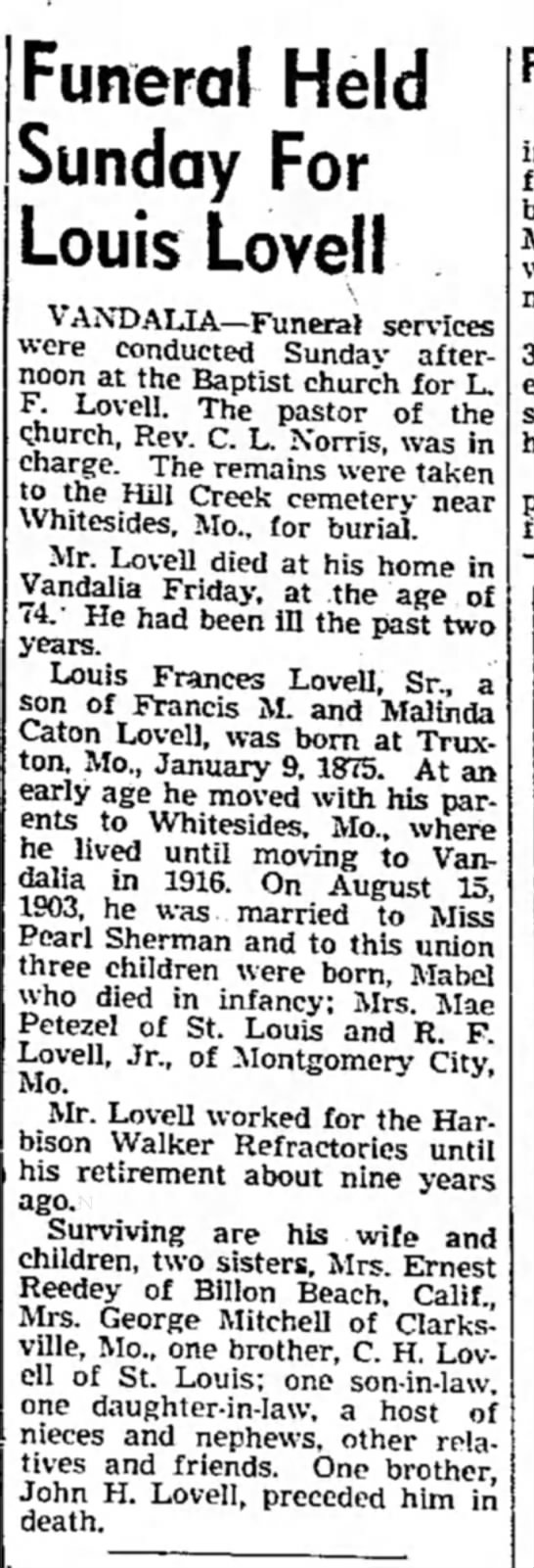 Funeral of Louis Frances Lovell sr., son of Francis M. Lovell and ...