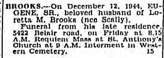 Eugene Brooks Sr died 12 Dec 1944 - 