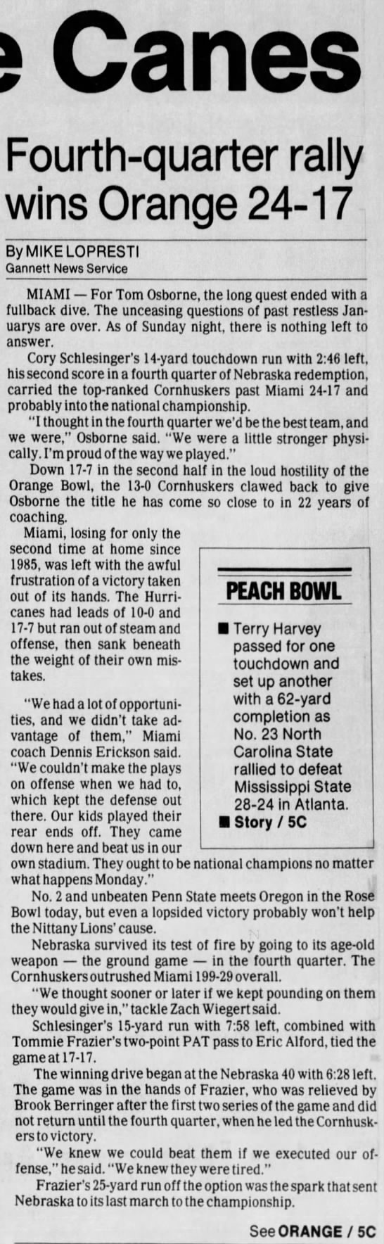 1995 Orange Bowl, Gannett 1 - 