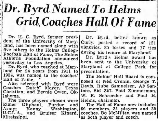 Dr. Byrd Named To Helms Grid Coaches Hall Of Fame - 