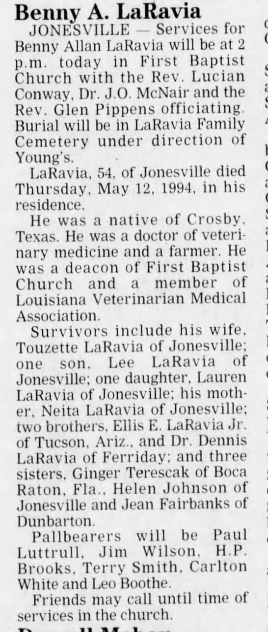 Dr. Benny LaRavia, obituary, 1994, Louisiana, ex-husband of Alabama Governor Kay Ivey. - 