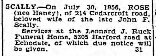 Rose Haney Scally death notice 30 Jul 1956 - 