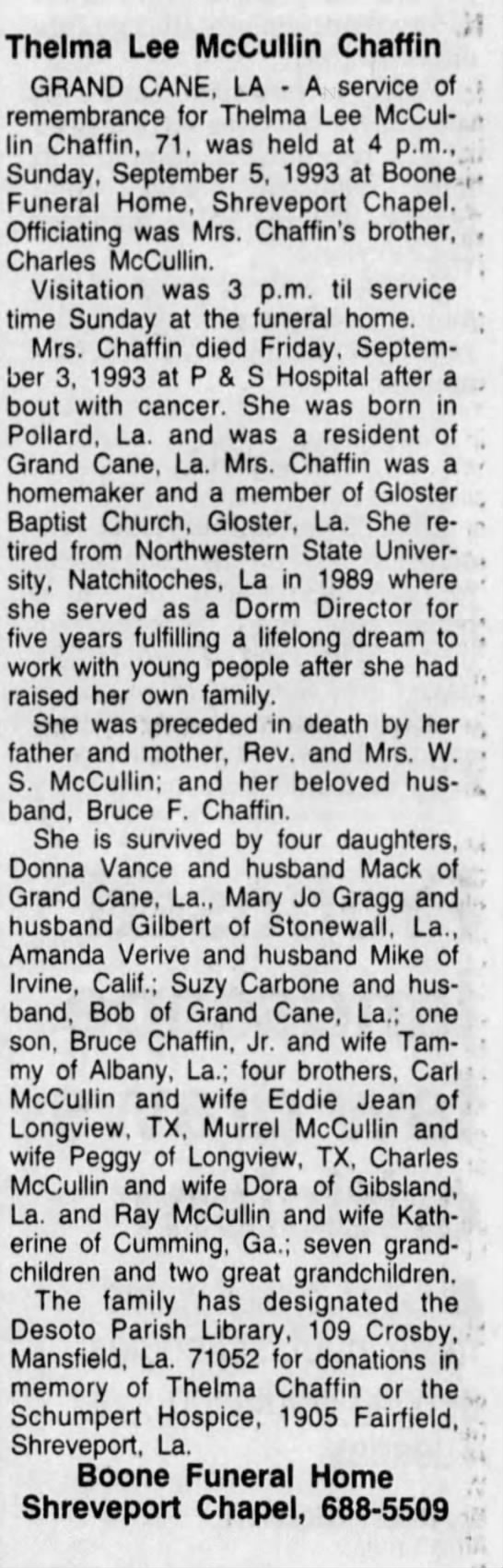 Obituary for Thelma Lee Mc Cullin Chaffin (Aged 71)