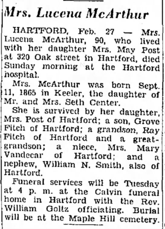McArthur, Lucena - obit 27 Feb 1956 Benton Harbor News-Palladium - 