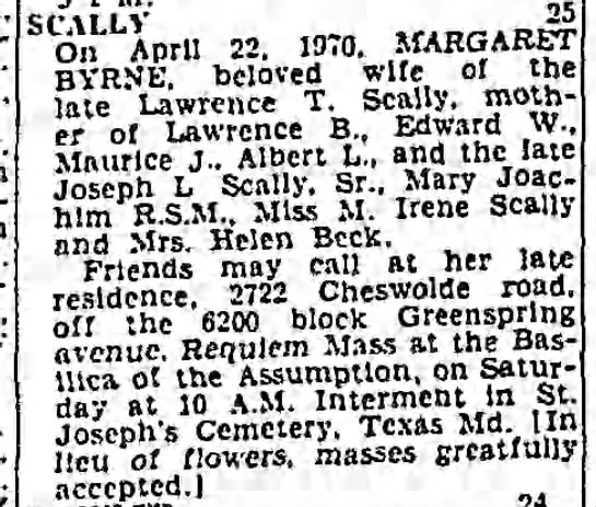 Margaret Byrne Scally died 22 Apr 1970 - 