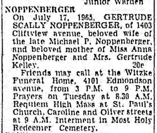 Gertrude Scally Noppenberger died 17 Jul 1965 - 