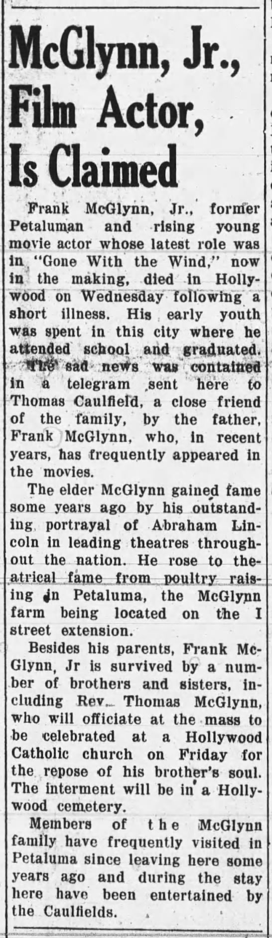 March, 1939 death notice for movie actor Frank McGlynn, Jr. - 