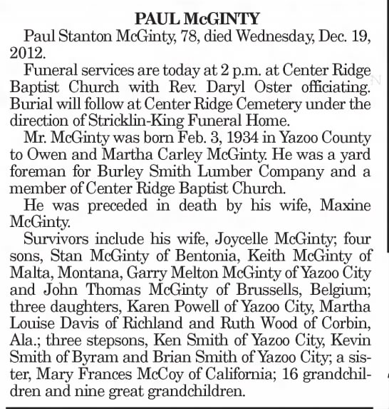 Paul Stanton McGinty obituary