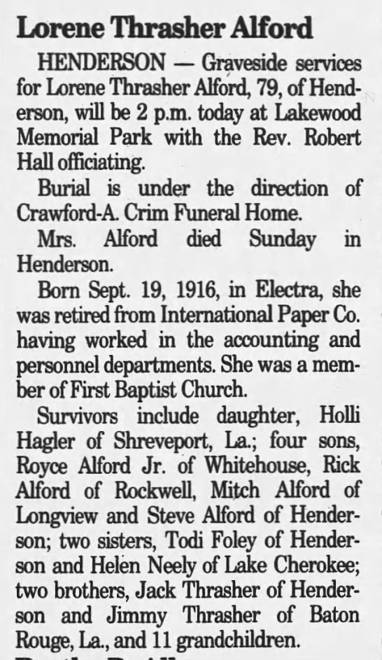 Obituary: Lorene Thrasher Alford - 