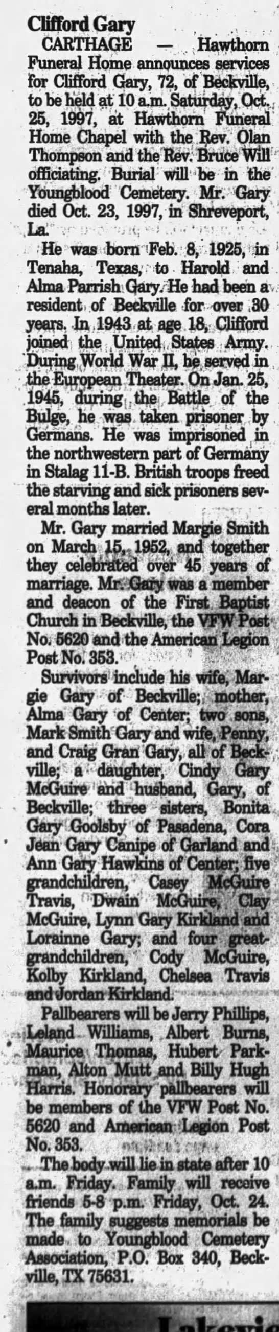 Obituary for Clifford Gary, 1925-1997 (Aged 72)