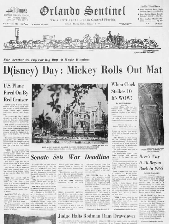 Newspaper front page coverage from October 1, 1971, Disney World's opening day - 