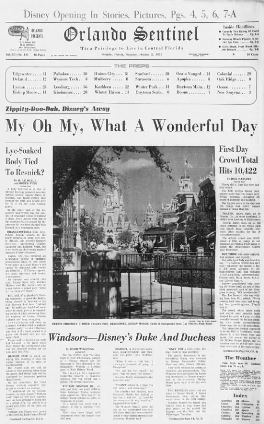 Front page of Orlando Sentinel reporting on opening day of Walt Disney World in 1971 - 