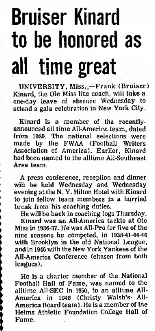 Bruiser Kinard to be honored as all time great - 