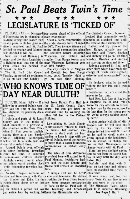Twin cities disagree over daylight savings time, 1965 - 