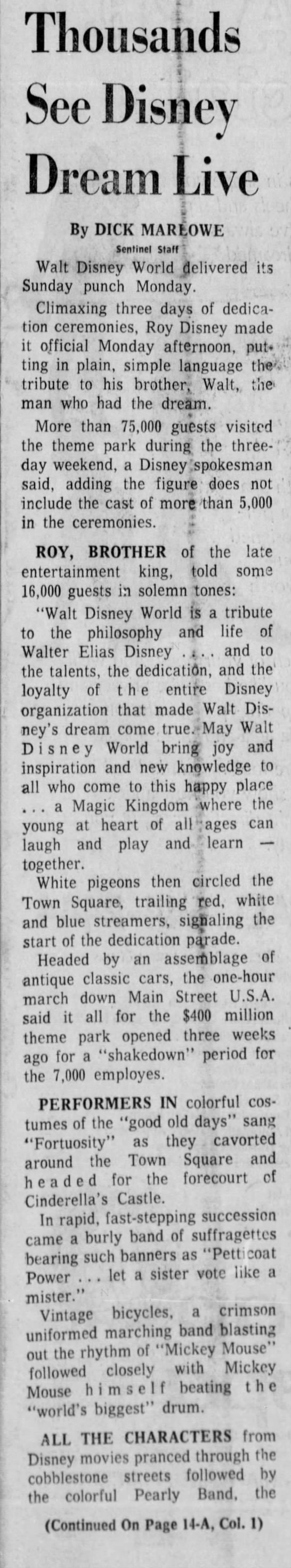 Description of Walt Disney World Grand Opening dedication ceremonies - 