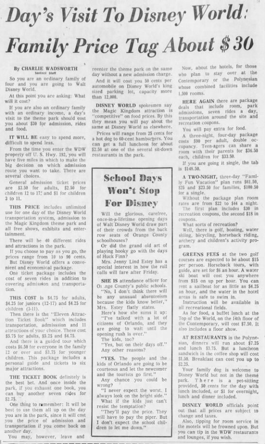 Article detailing cost of a family trip to Disney World in 1971, published prior to opening day - 