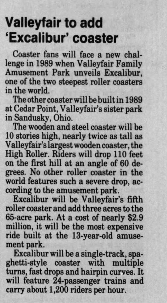 Valleyfair to add Excalibur coaster - 