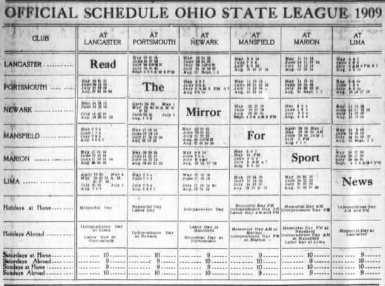 1909 Ohio State League schedule - 
