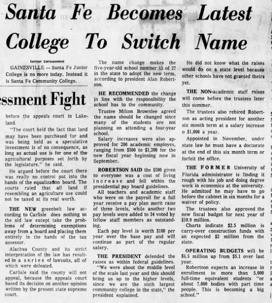 "Santa Fe Becomes Latest College To Switch Name," Orlando Sentinel, 1 Jun 1972, 1-B. - 