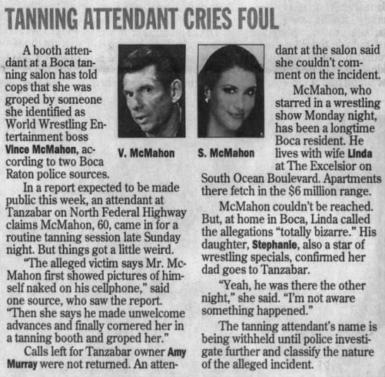 Palm Beach Post story on Vince McMahon groping Tanzabar tanning salon attendant - 