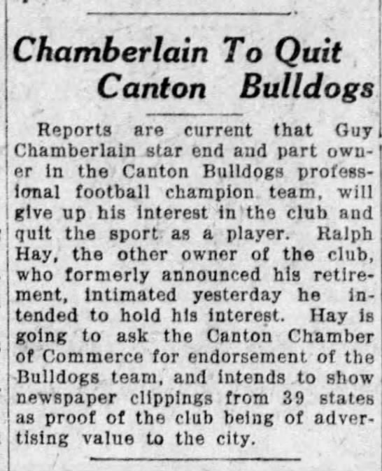 Chamberlain To Quit Canton Bulldogs - 