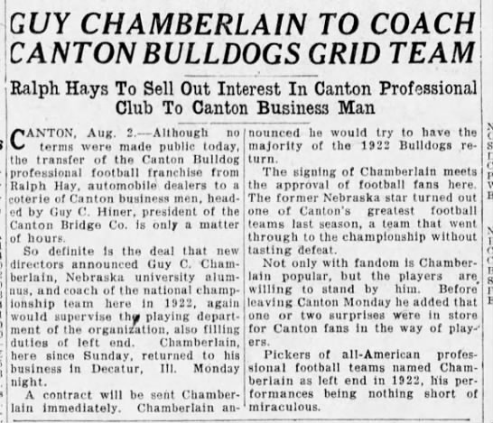 Guy Chamberlain To Coach Canton Bulldogs Grid Team - 