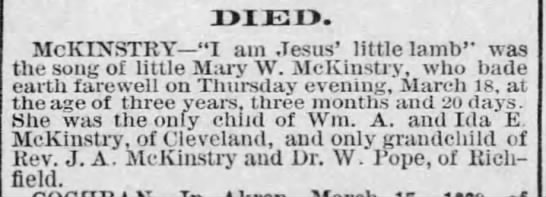 Mary W Mckinstry Age 3 Obituary 1880 Richfield Oh