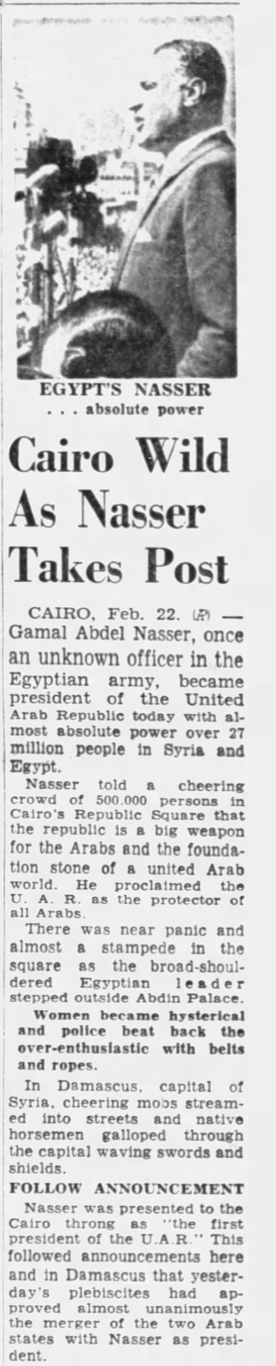 Cairo Wild as Nasser Takes Post - 