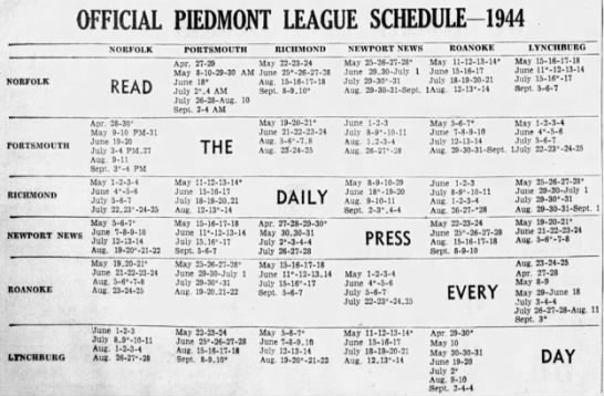 1944 Piedmont League schedule - 