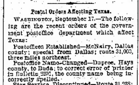 Buda, Texas  name (1887). - 