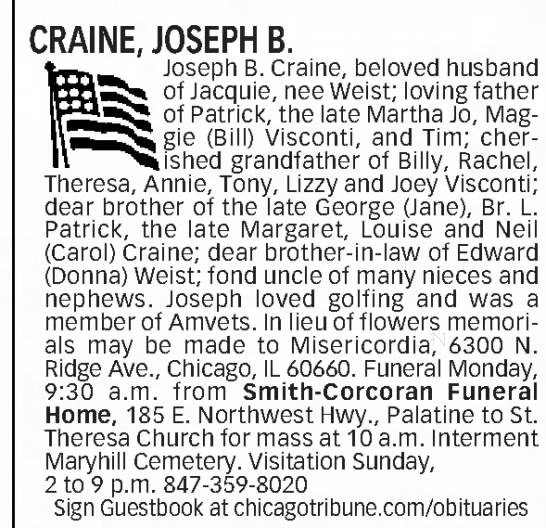Obituary for JOSEPH B. CRAINE