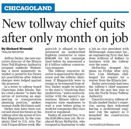 New Tollway Chief Quits after only Month on Job - 