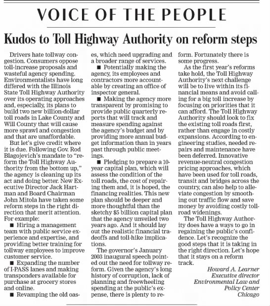 Kudos to Toll Highway Authority on Reform Steps - 