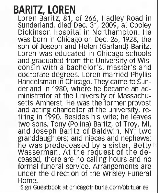 Obituary for LOREN BARITZ, 1928-2009 (Aged 81) - 